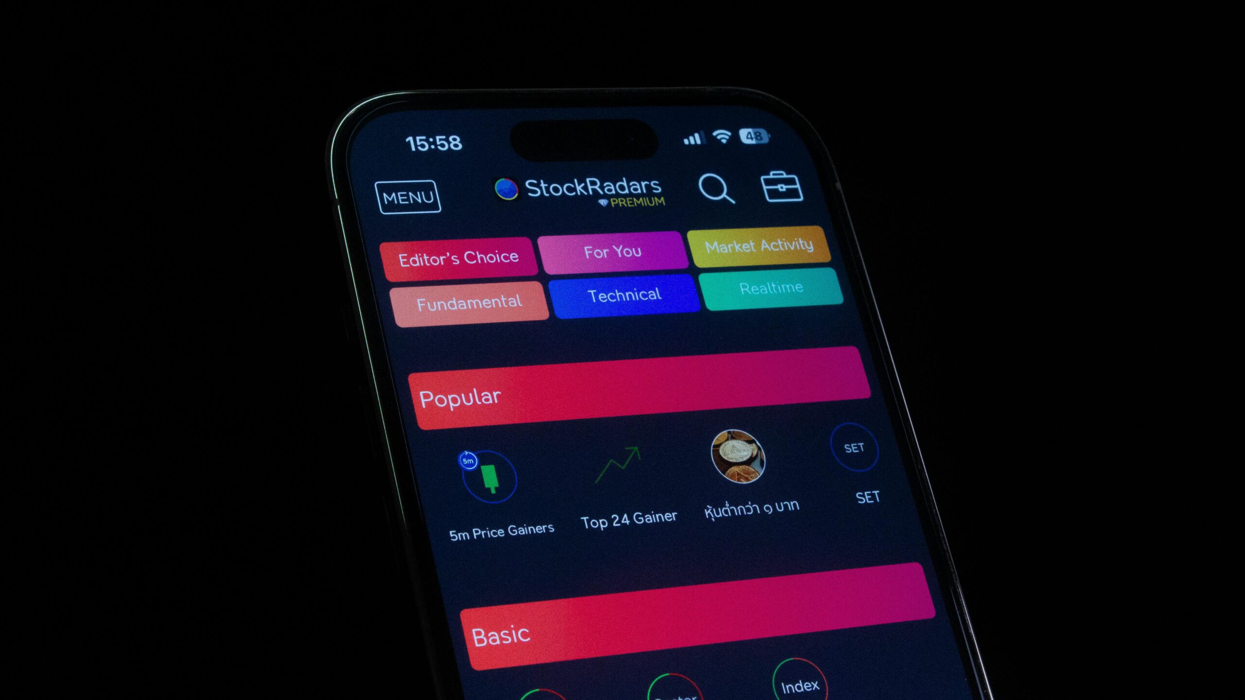 Close-up of a smartphone displaying a financial stock trading app interface.