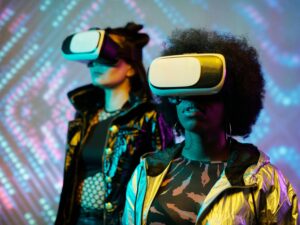 Exploring virtual reality with futuristic headsets in a vibrant setting.