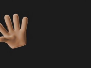 3D rendering of a hand on a dark backdrop, conveying greeting or gesture.
