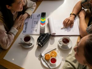 Team discussion over script with a clapperboard, camera, and coffee on a table.