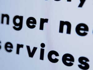 Close-up of black text on a white screen emphasizing 'services'.